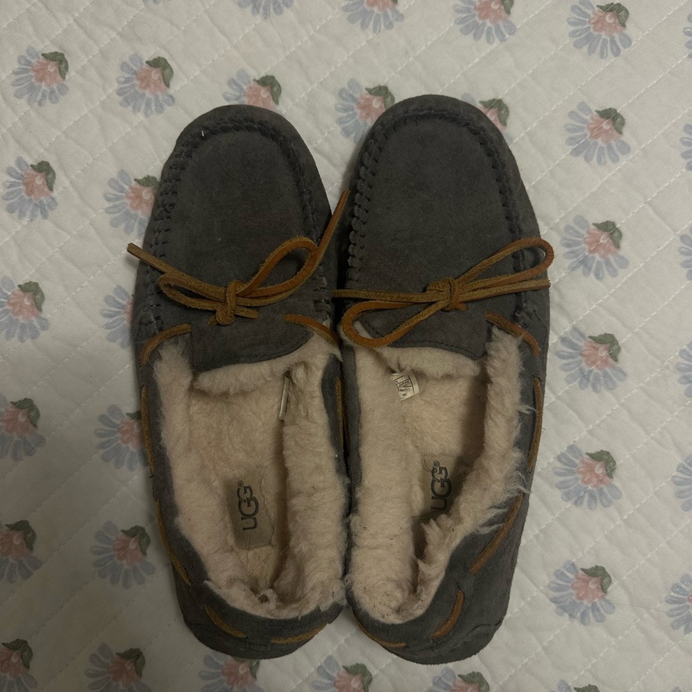 UGG Charcoal Suede Moccasins with Tan Laces